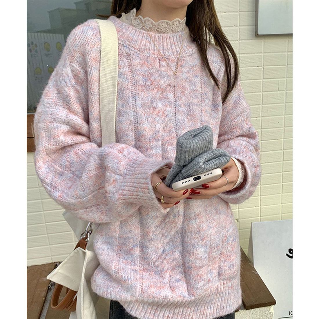 ニットセーター 編み レディース 韓国風,ベビーピンク