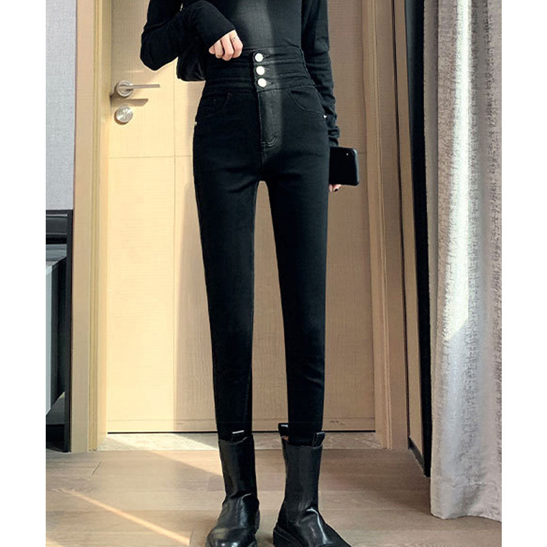 ハイウエスト デニムパンツ 美脚 脚長,ブラック