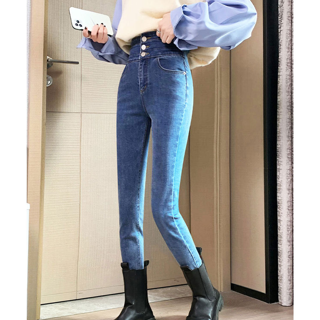 ハイウエスト デニムパンツ 美脚 脚長,ブルー
