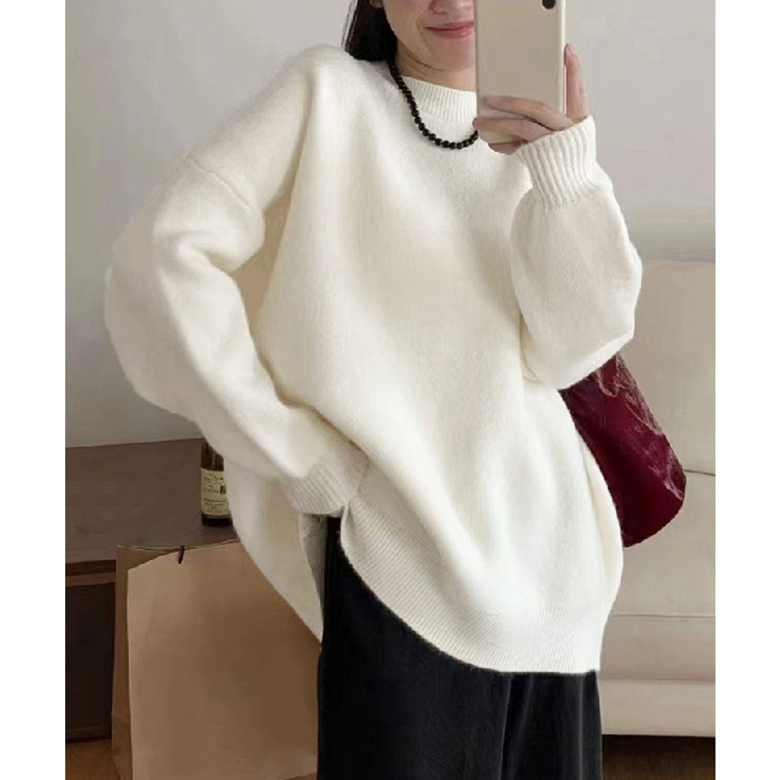 ニットセーター カラーニット 長袖 秋冬,ホワイト