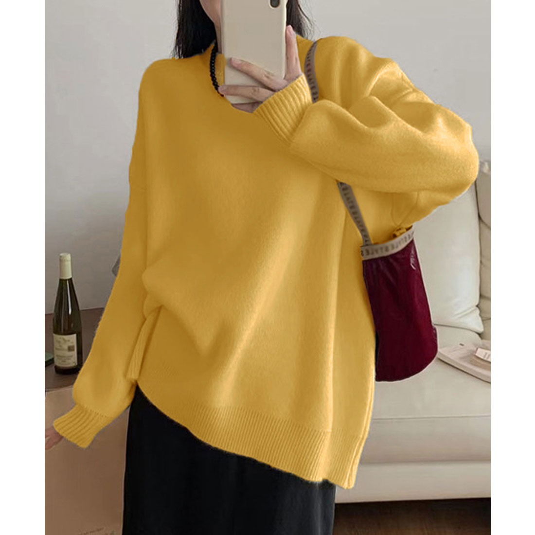 ニットセーター カラーニット 長袖 秋冬,イエロー