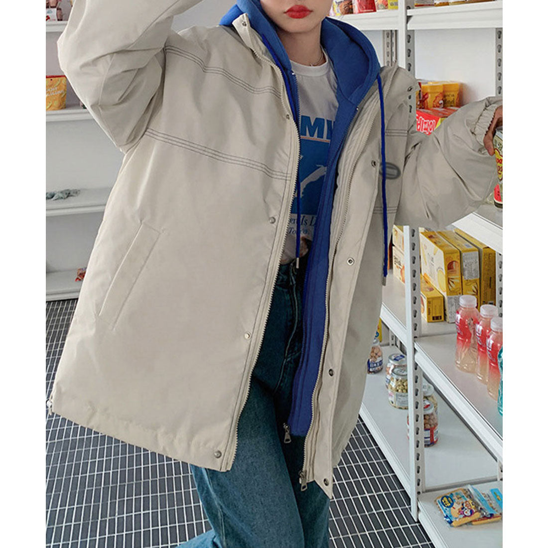 ミニミニストア miniministore エコダウンジャケット フード付中綿コート,アイボリー*ブルー