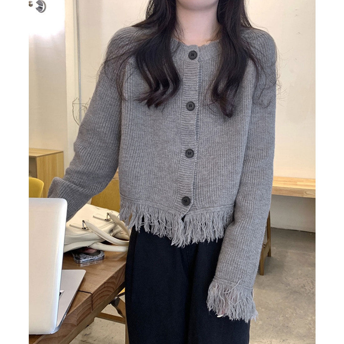 Fringe knit cardigan crew neck