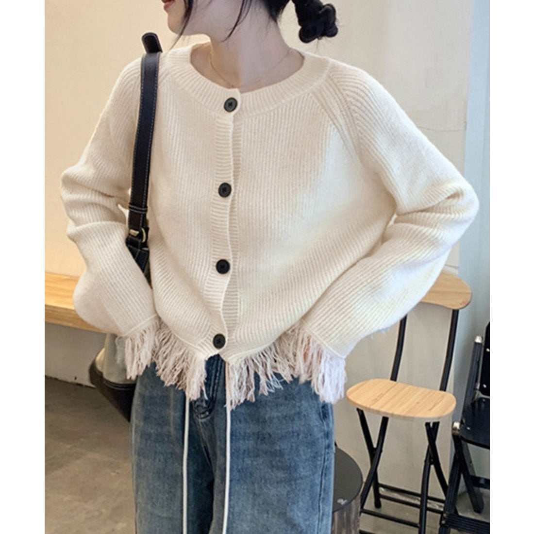 Fringe knit cardigan crew neck
