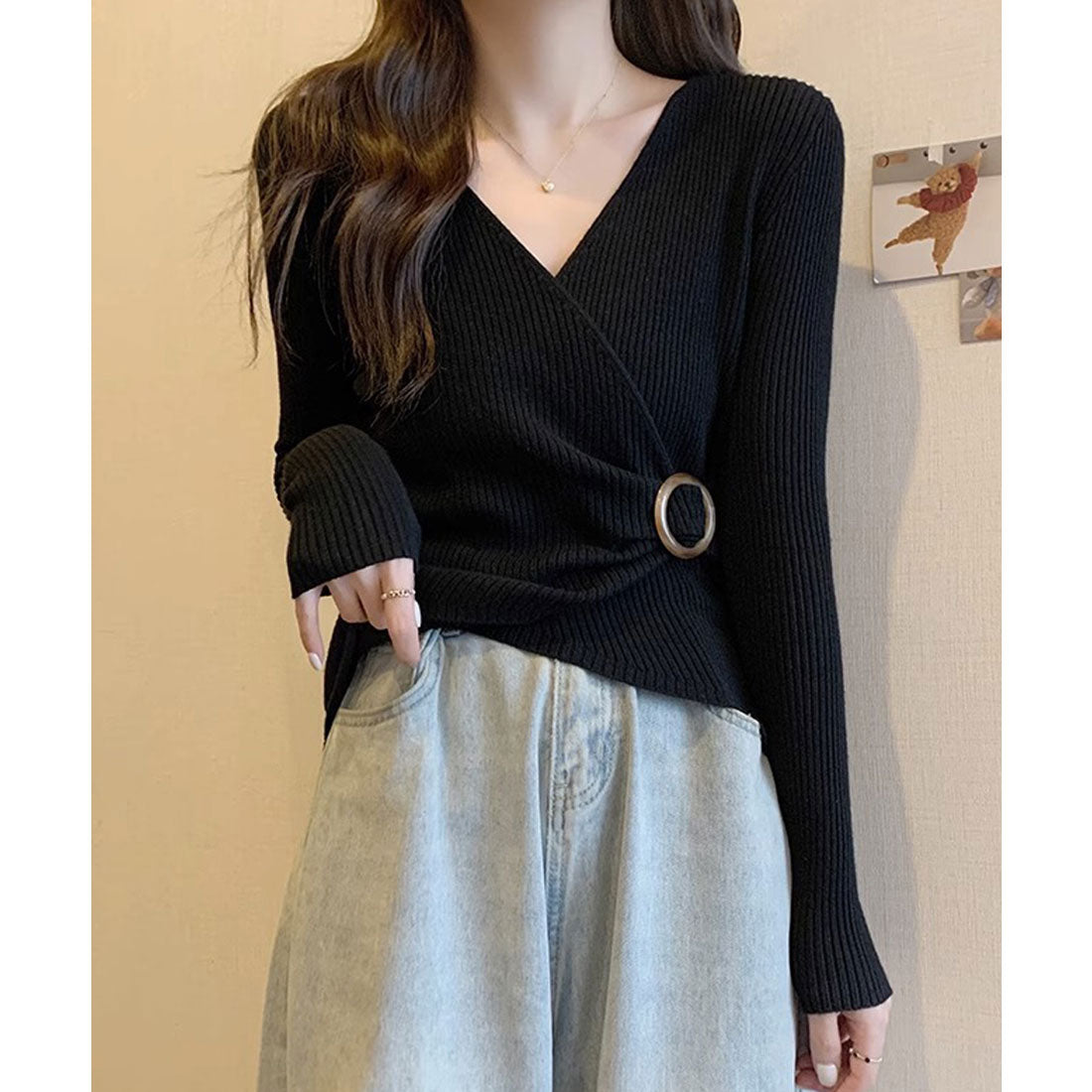 リブニット カシュクール風ニットトップス,ブラック