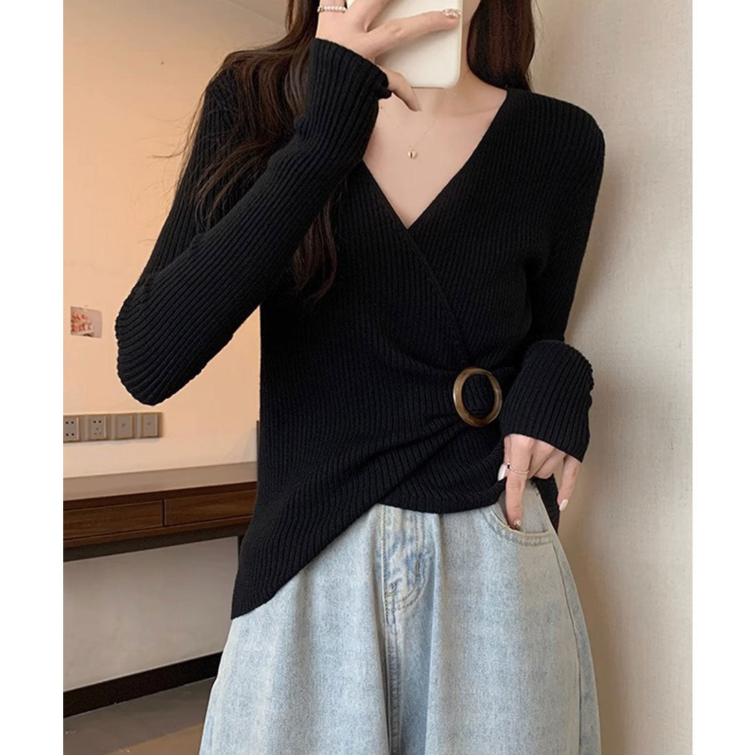 リブニット カシュクール風ニットトップス