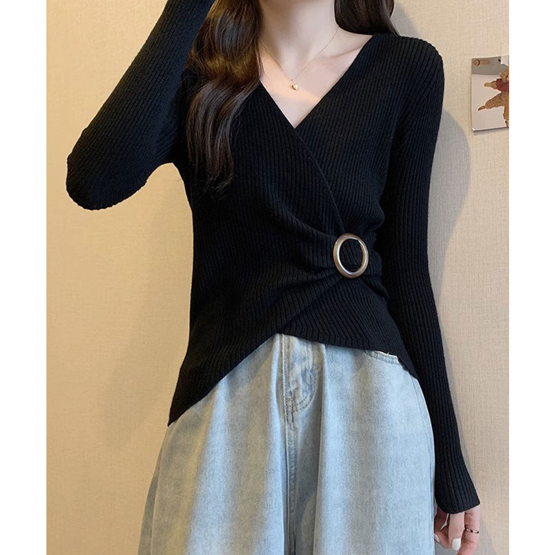 リブニット カシュクール風ニットトップス