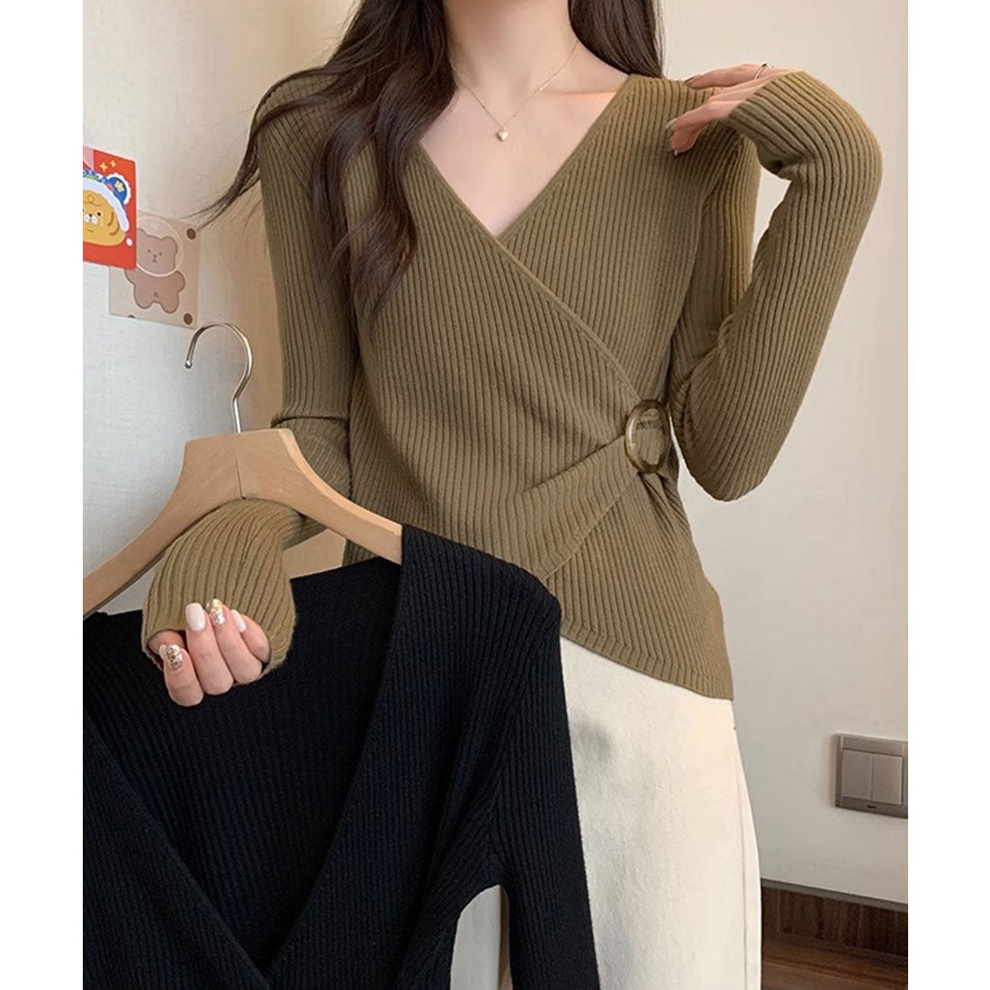 リブニット カシュクール風ニットトップス