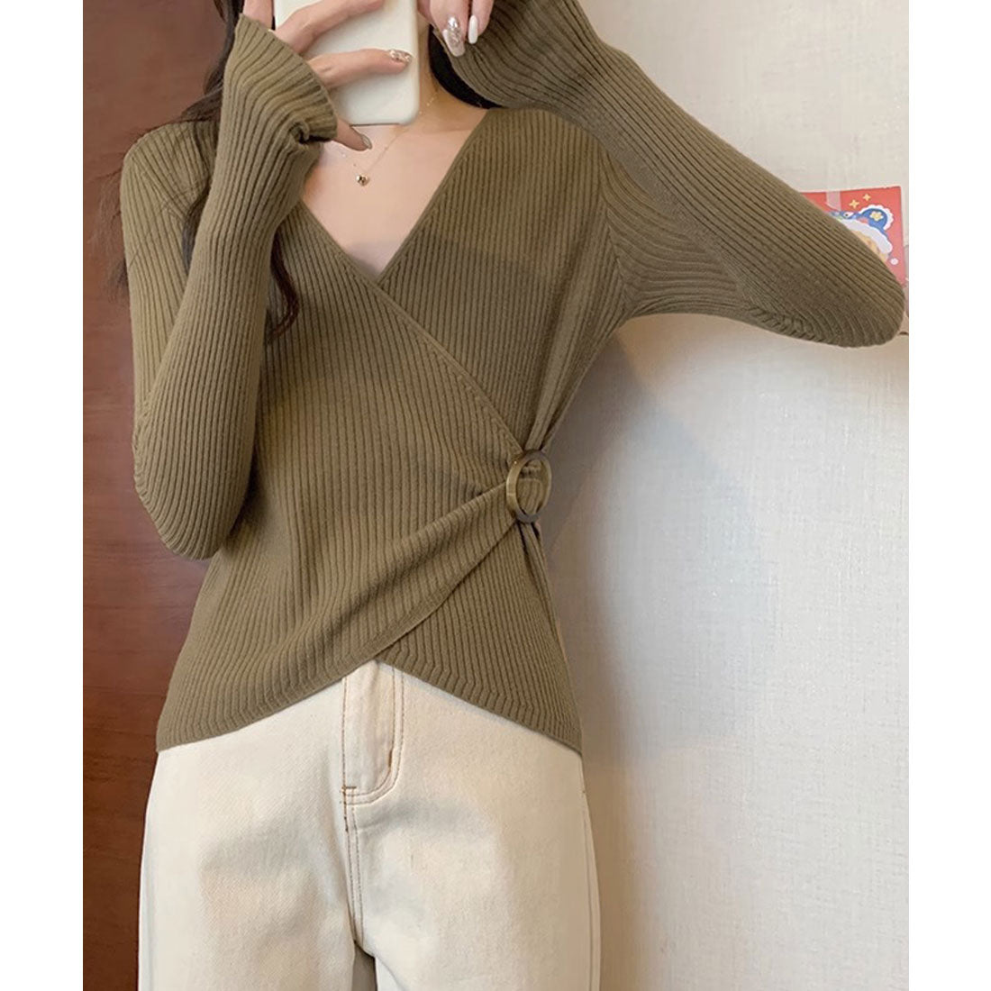 リブニット カシュクール風ニットトップス