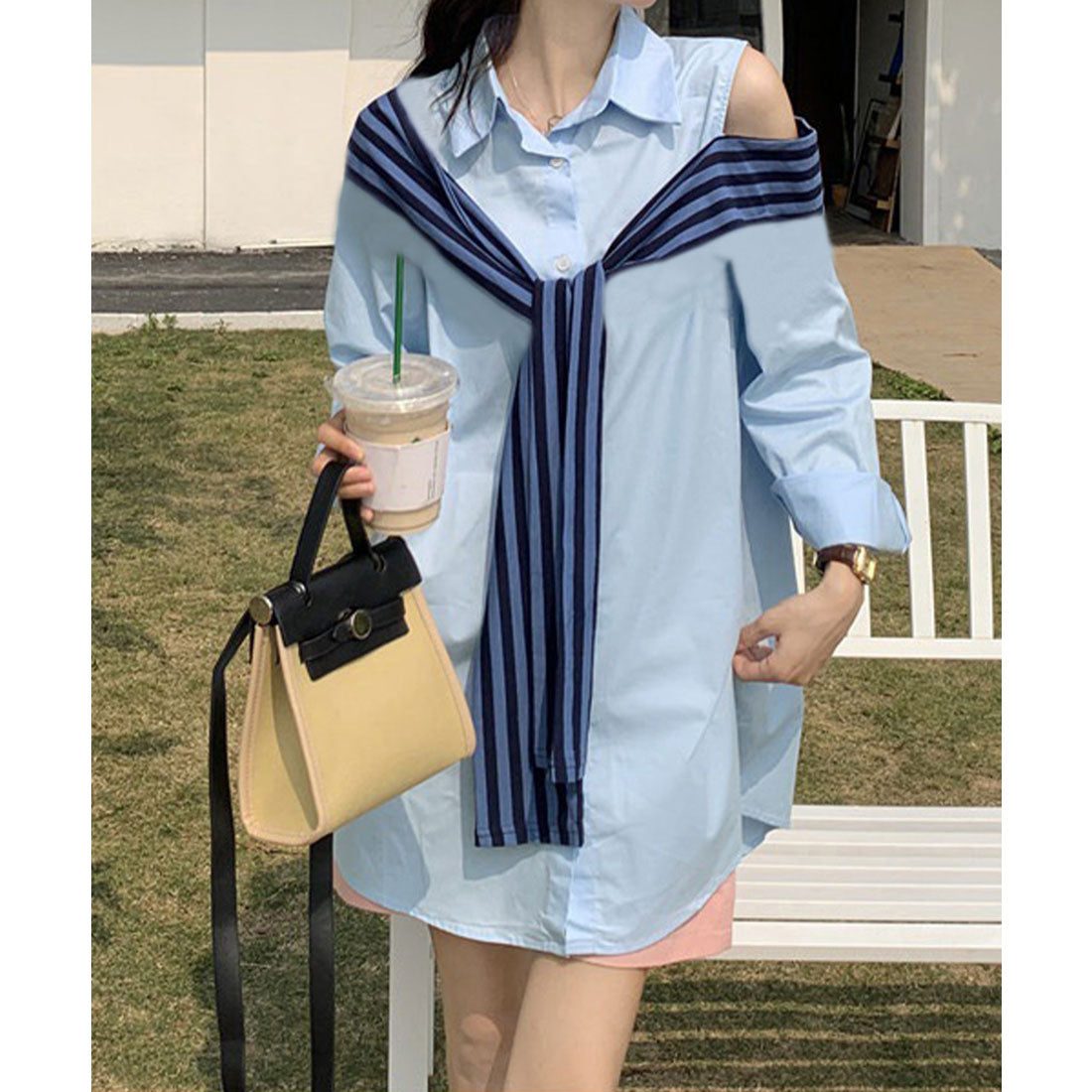 ミニミニストア miniministore オフショルダーシャツ肩掛け付きシャツ春夏,ブルー