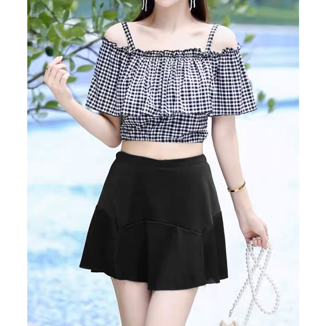 ミニミニストア miniministore 水着 オフショルダーチェック柄水着韓国風 【返品不可商品】