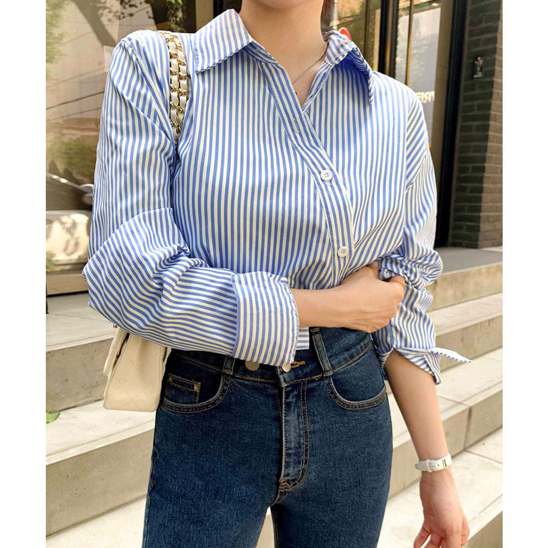 ミニミニストア miniministore シャツブラウス 長袖 レディース 韓国風 （ブルー） ブルー