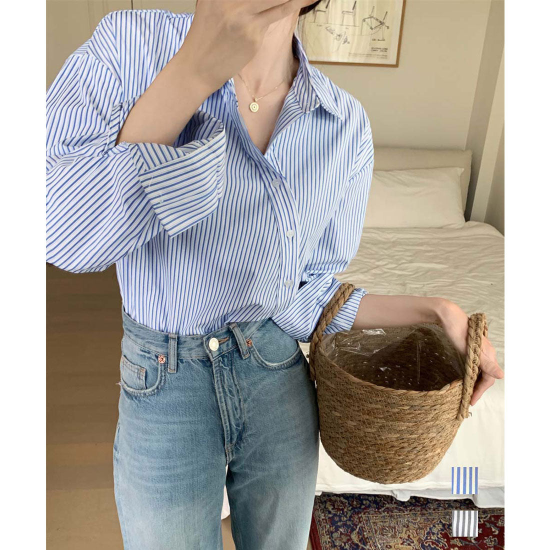 ミニミニストア miniministore シャツブラウス 長袖 レディース 韓国風 （ブルー） ブルー