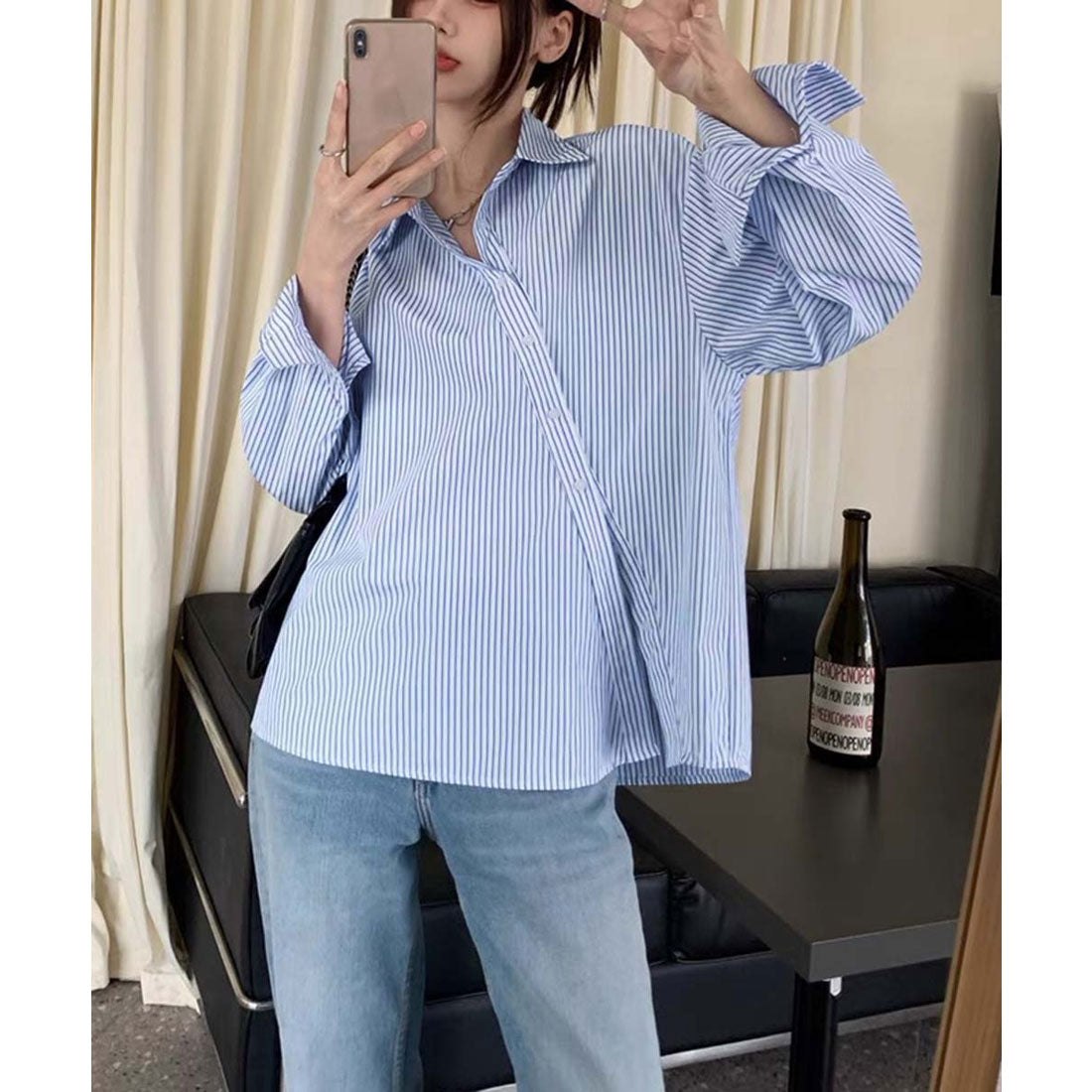 ミニミニストア miniministore シャツブラウス 長袖 レディース 韓国風 （ブルー） ブルー