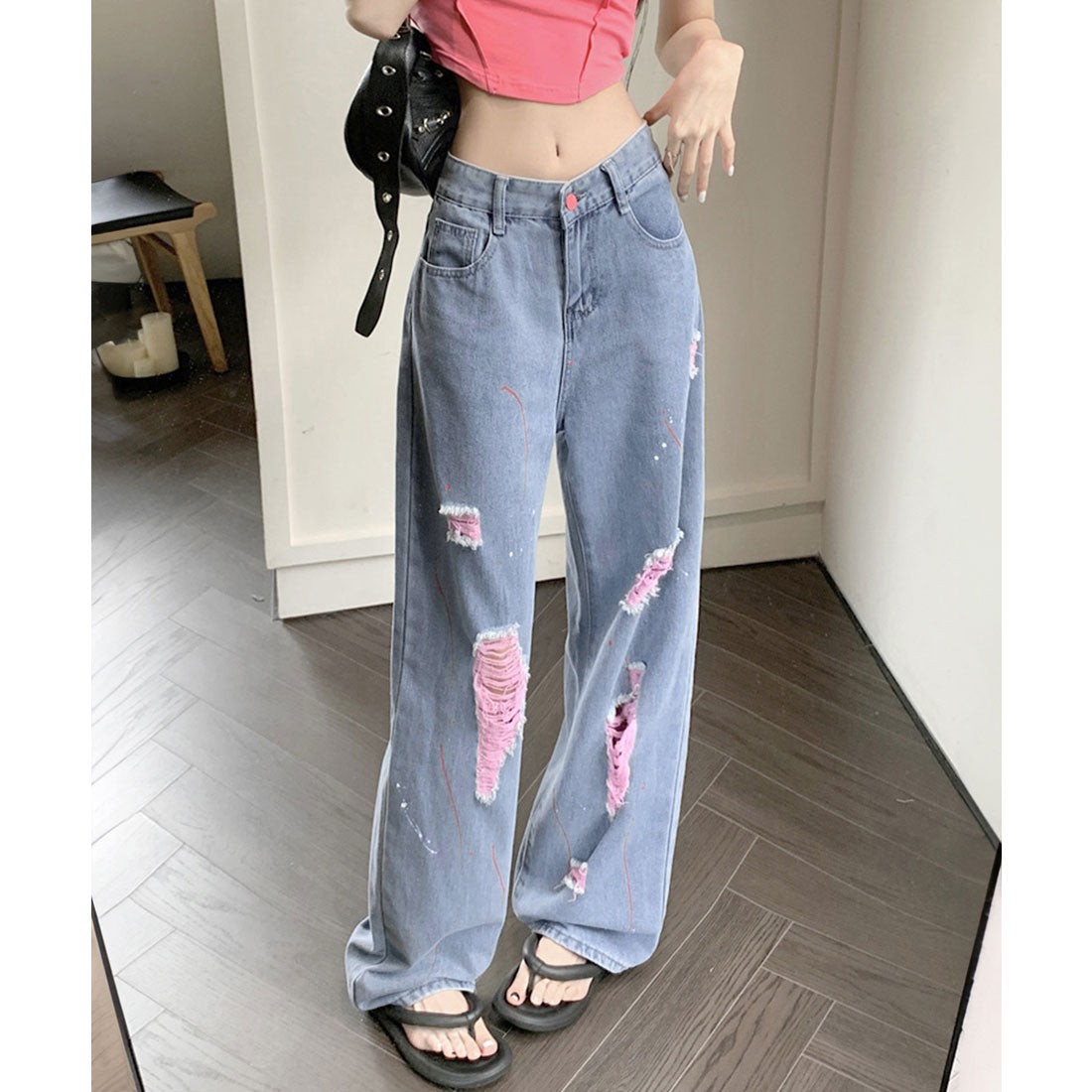 ピンク ダメージデニムパンツ レディース