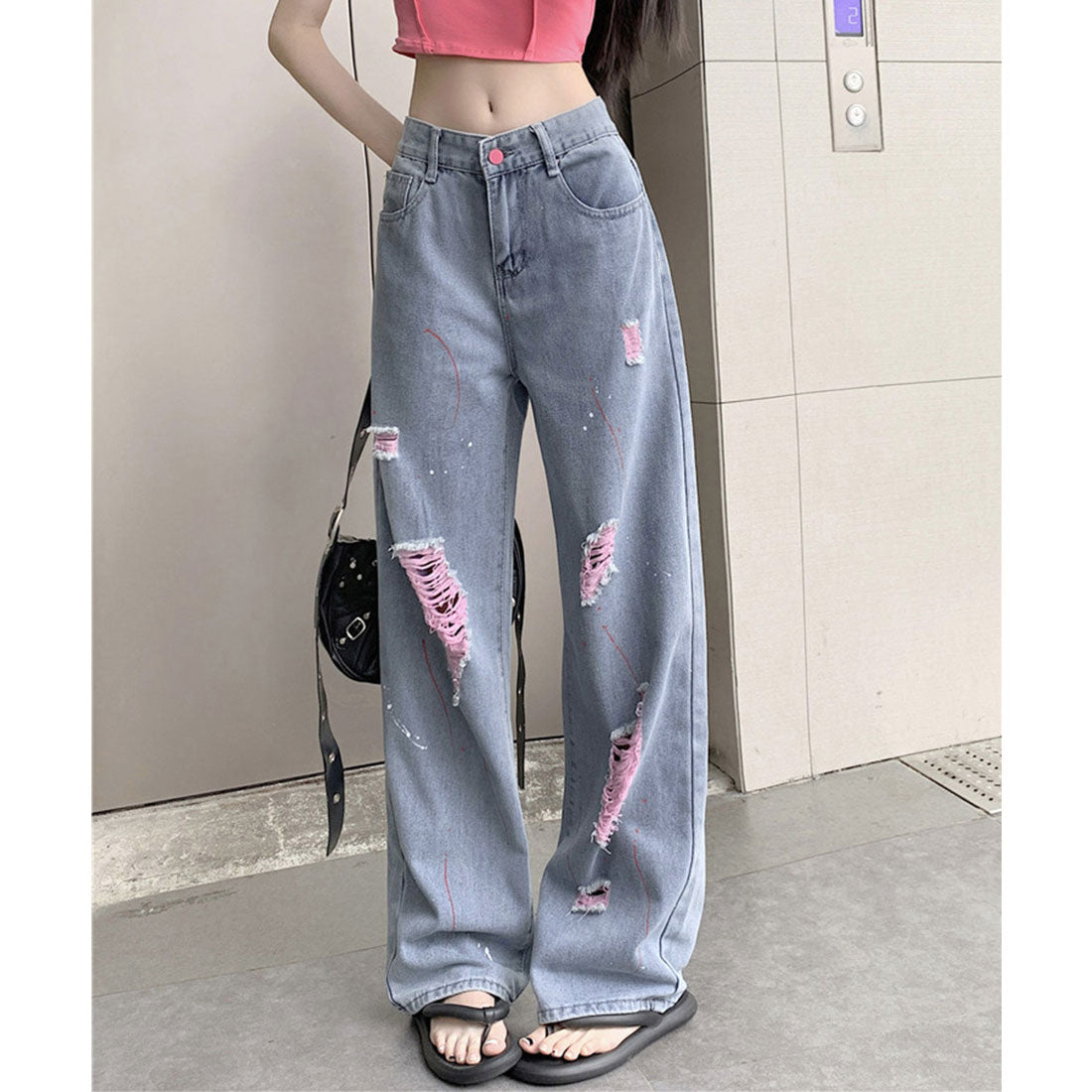 ピンク ダメージデニムパンツ レディース