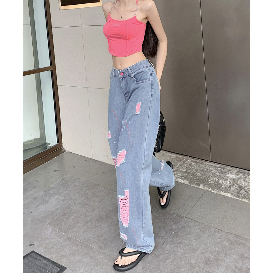 ピンク ダメージデニムパンツ レディース