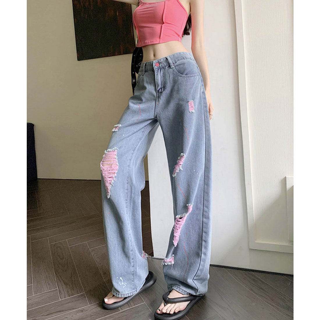 ピンク ダメージデニムパンツ レディース
