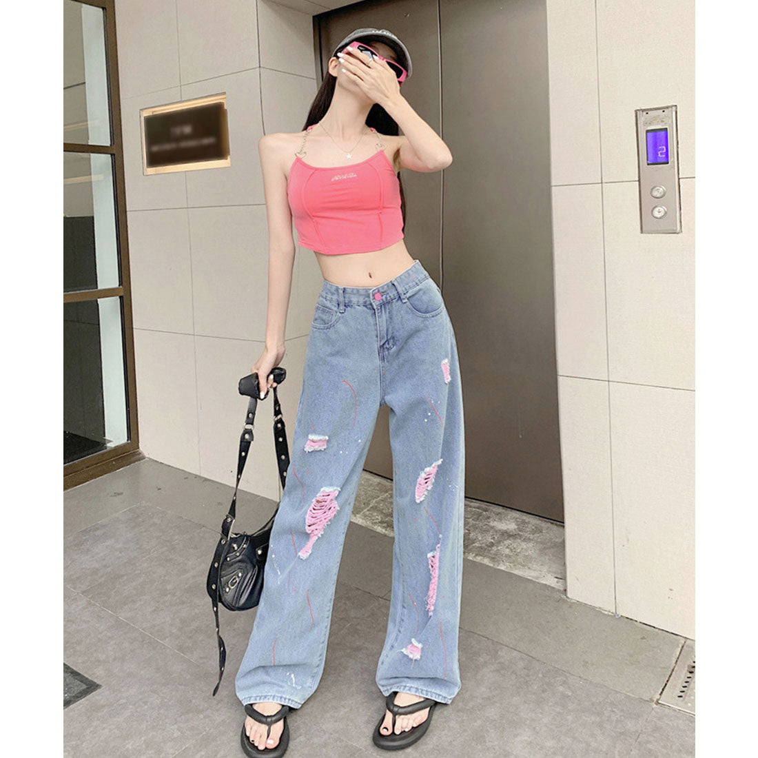 ピンク ダメージデニムパンツ レディース
