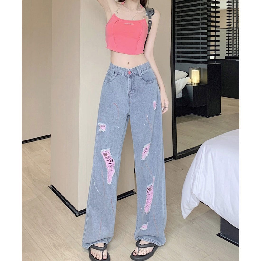 ピンク ダメージデニムパンツ レディース
