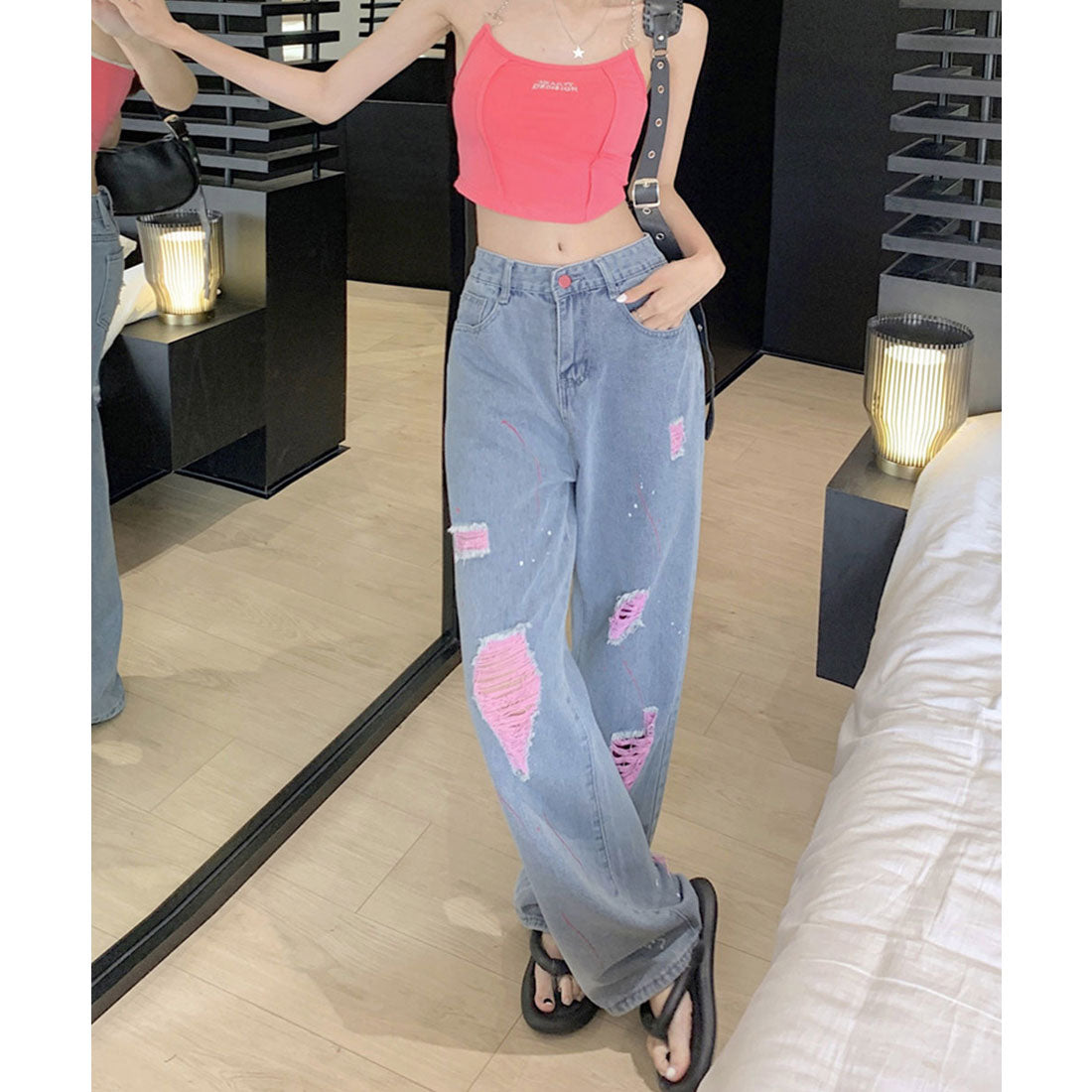 ピンク ダメージデニムパンツ レディース