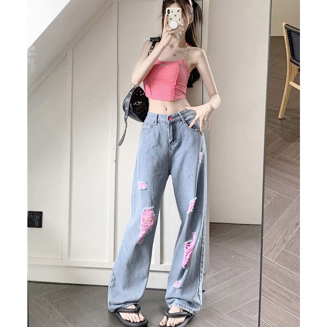ピンク ダメージデニムパンツ レディース