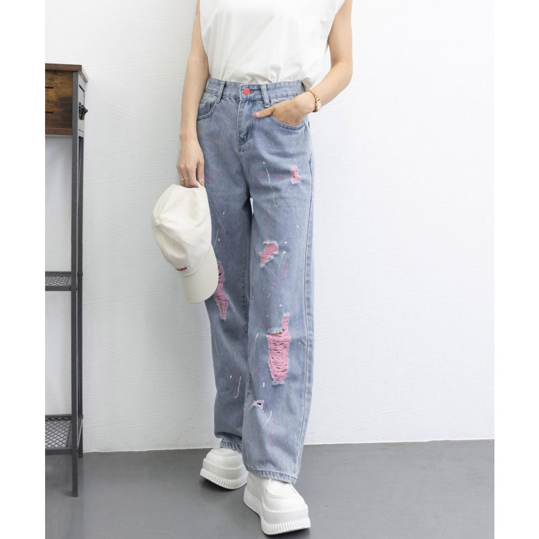 ピンク ダメージデニムパンツ レディース
