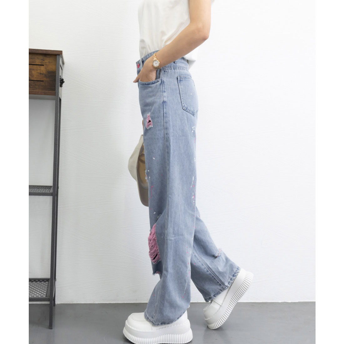 ピンク ダメージデニムパンツ レディース