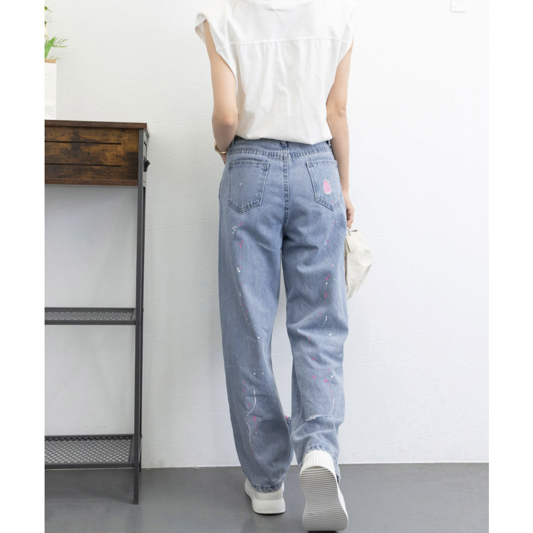 ピンク ダメージデニムパンツ レディース