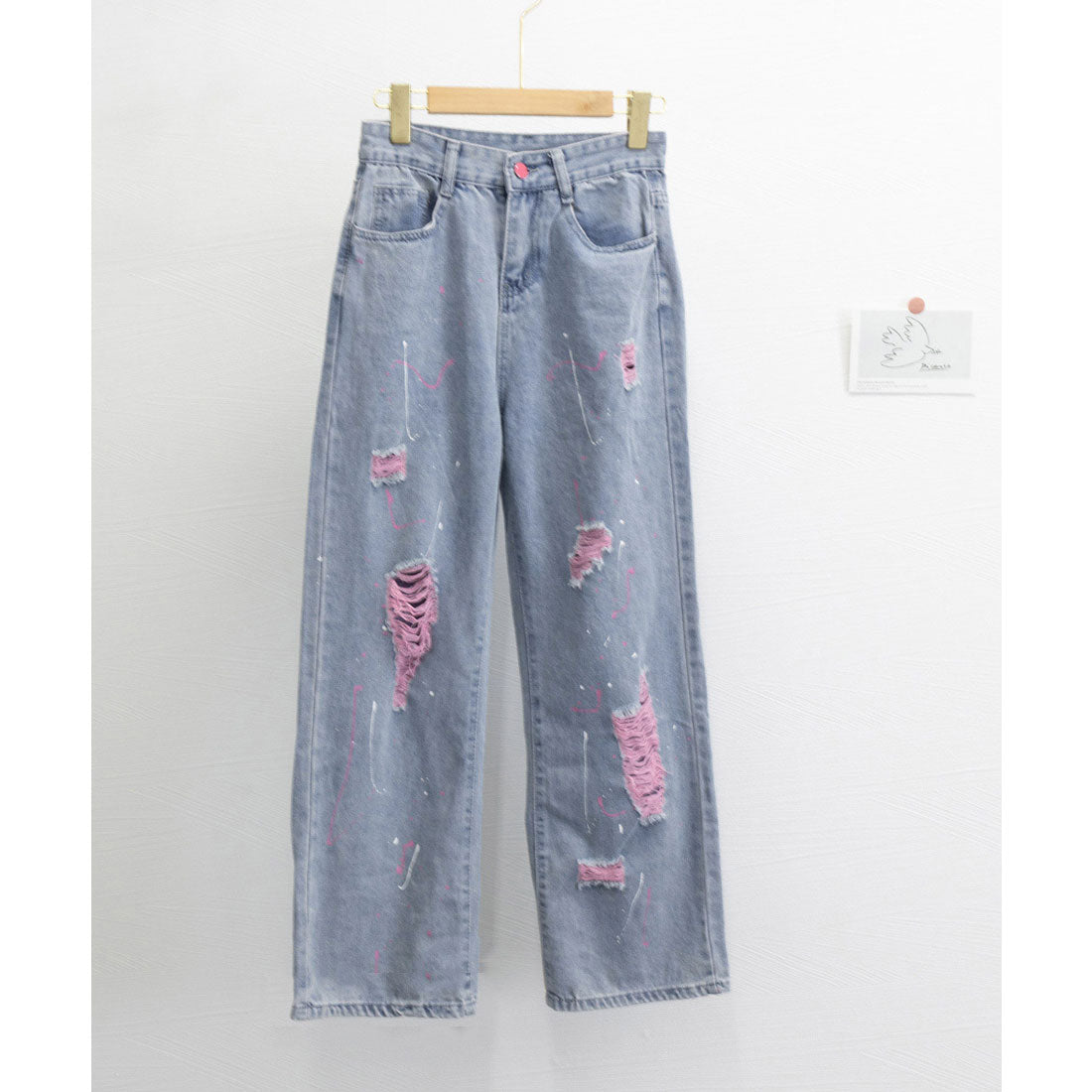 ピンク ダメージデニムパンツ レディース
