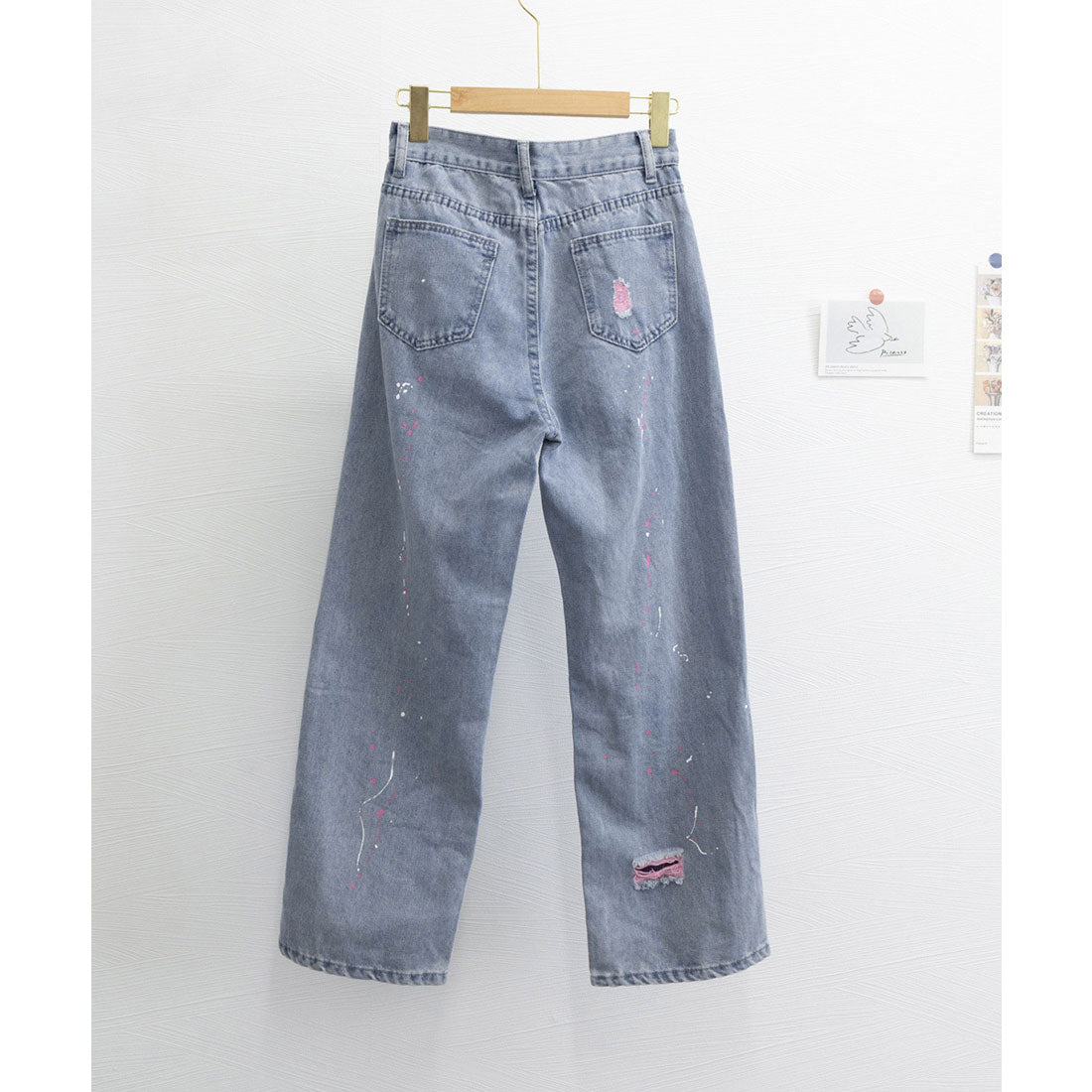 ピンク ダメージデニムパンツ レディース