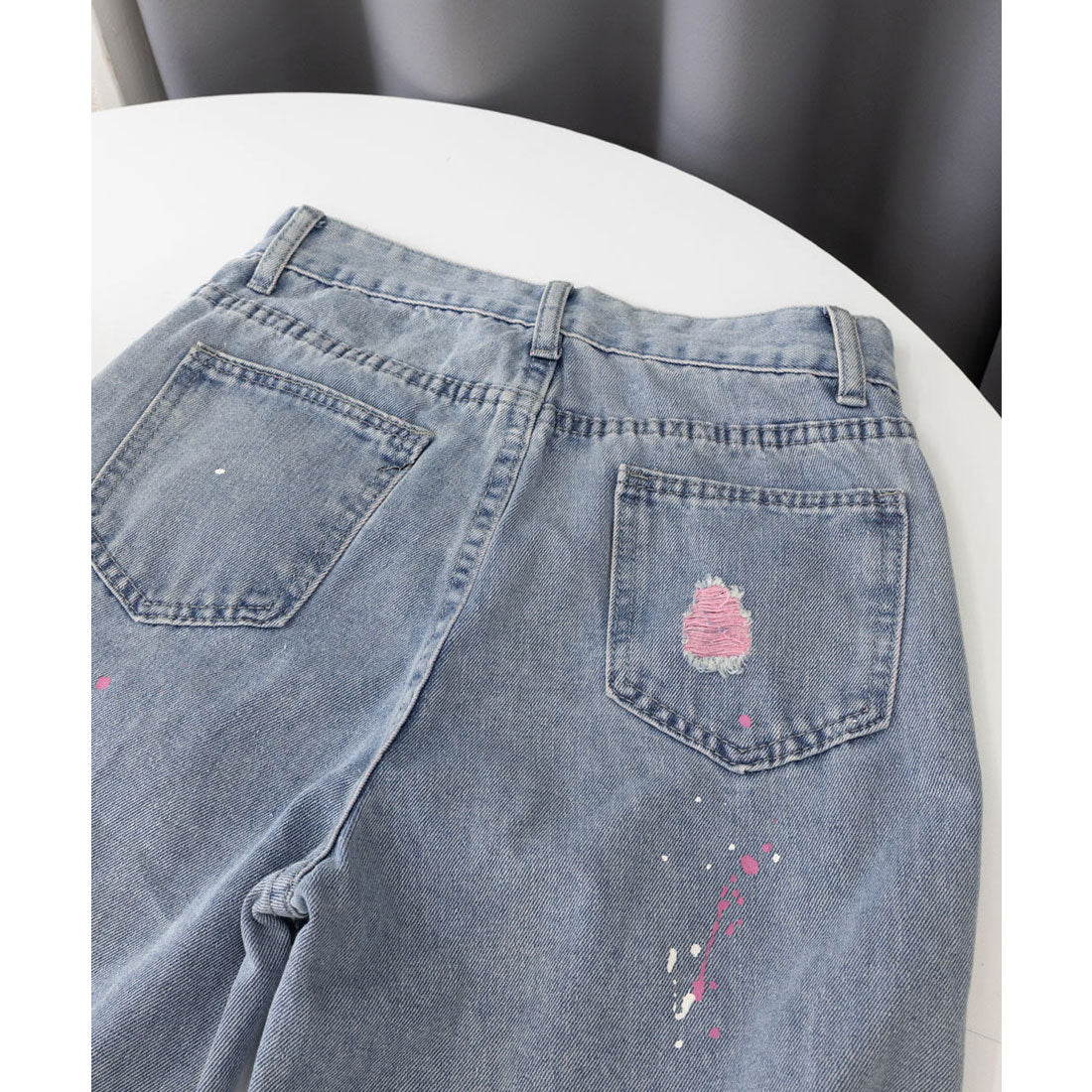 ピンク ダメージデニムパンツ レディース