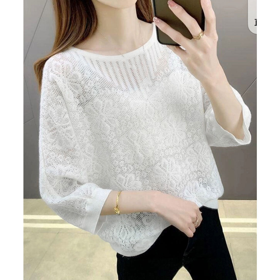 miniministore Summer Knit Three-Quarter Sleeve Lace Knit Top