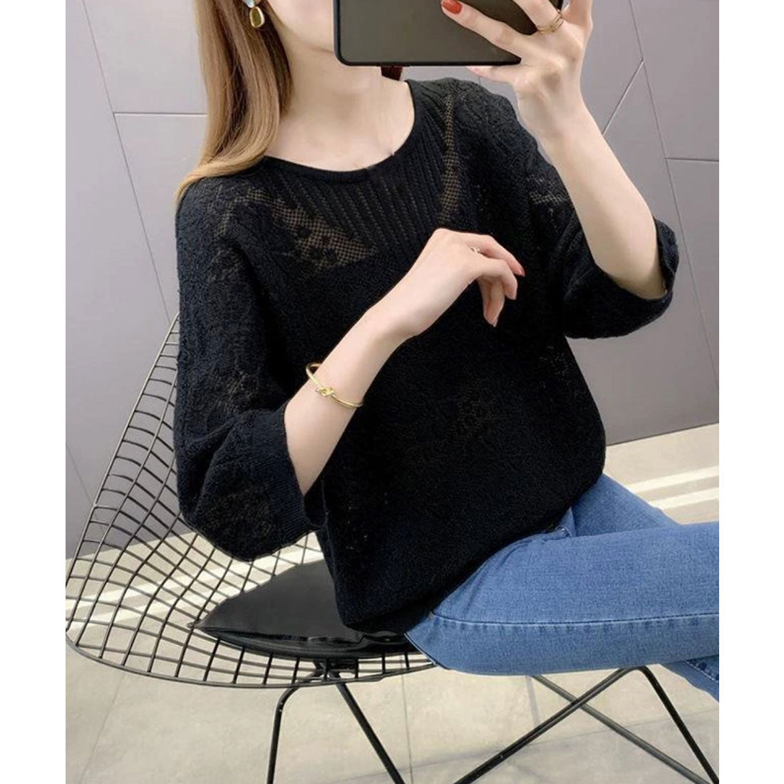 miniministore Summer Knit Three-Quarter Sleeve Lace Knit Top