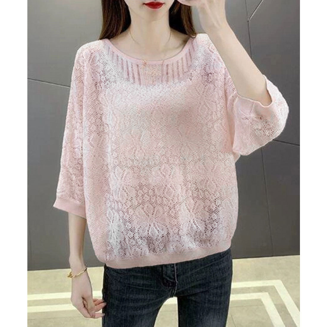 miniministore Summer Knit Three-Quarter Sleeve Lace Knit Top
