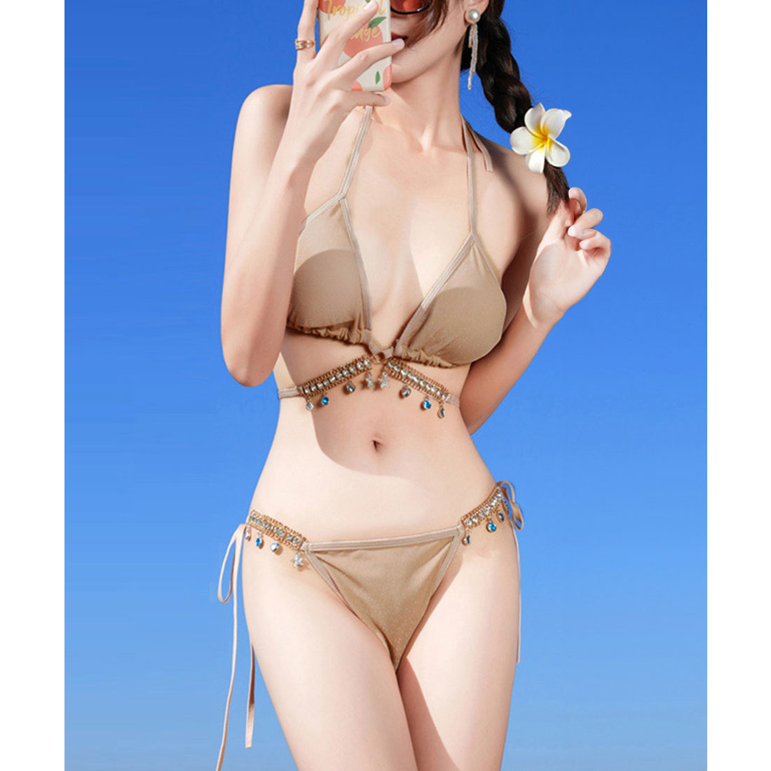 ビキニ セクシー水着3点セットレディース ダークベージュ