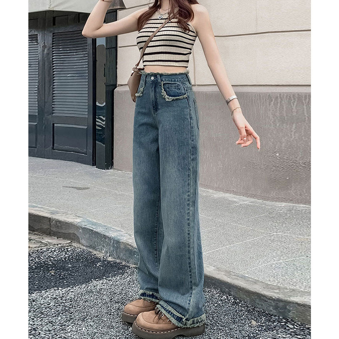ミニミニストア miniministore フリンジ デニムパンツ ハイウエスト美脚