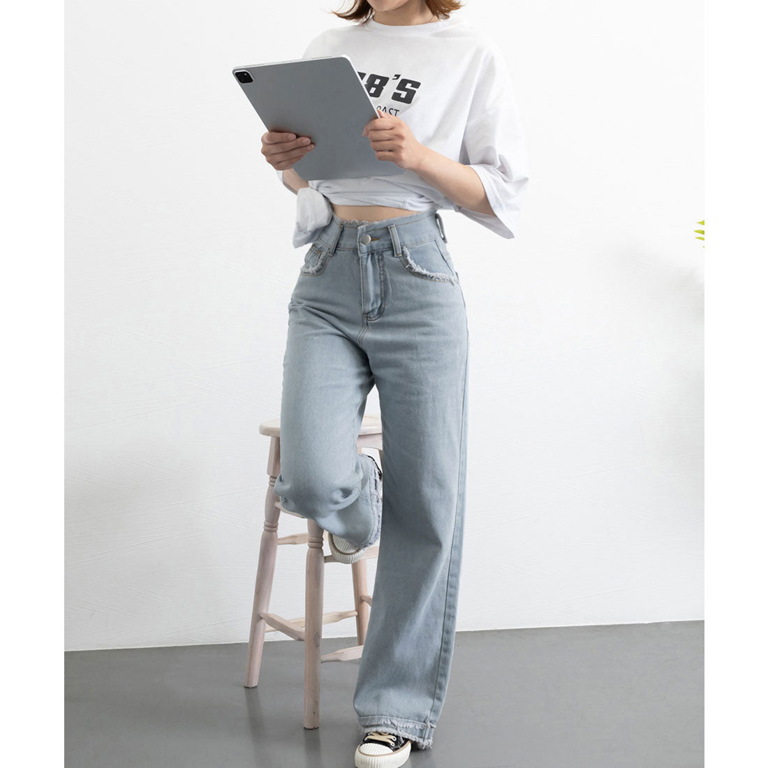 ミニミニストア miniministore フリンジ デニムパンツ ハイウエスト美脚
