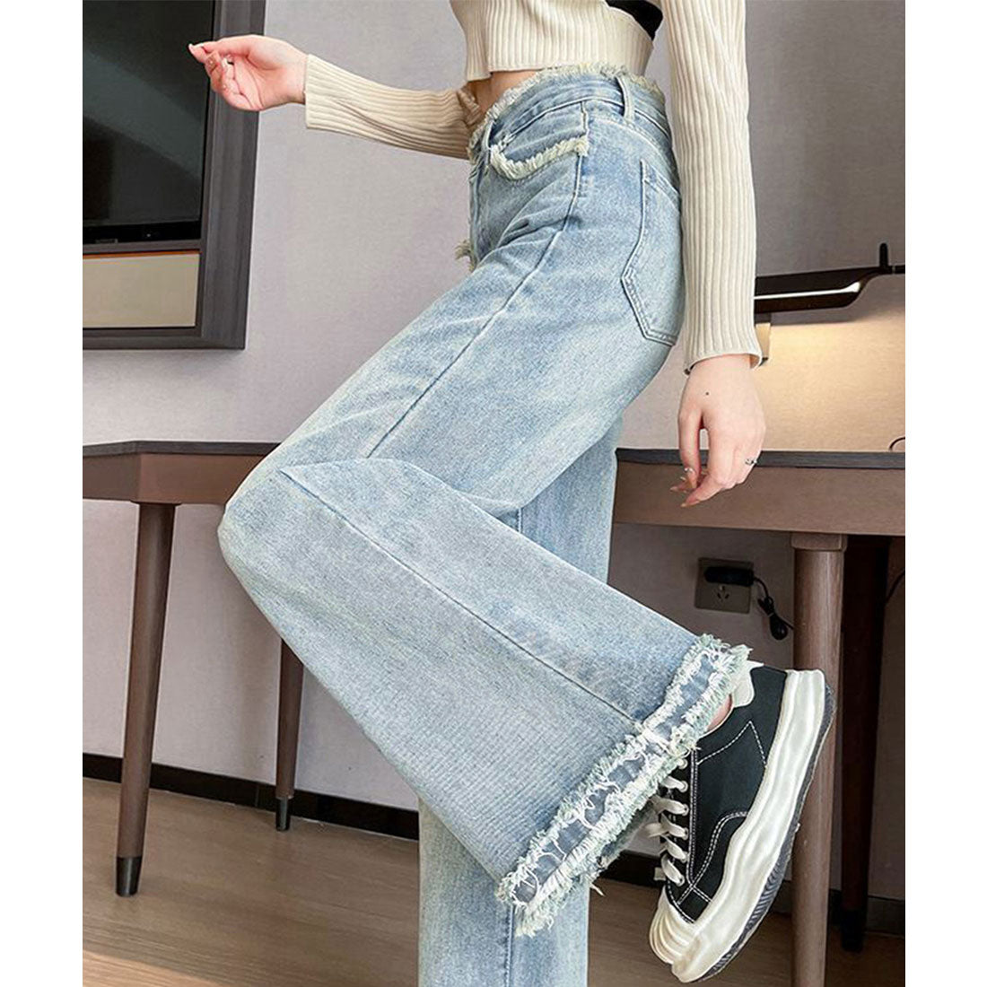 ミニミニストア miniministore フリンジ デニムパンツ ハイウエスト美脚,サックスブルー