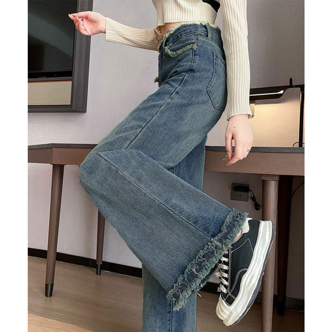 ミニミニストア miniministore フリンジ デニムパンツ ハイウエスト美脚,ダークブルー