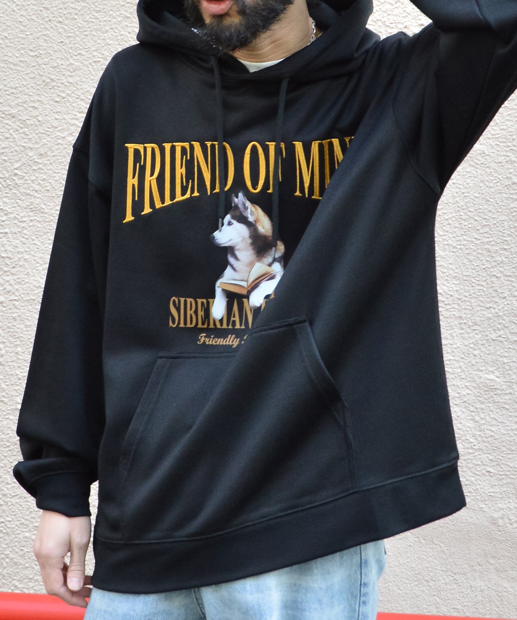 モディッシュガゼ MODISH GAZE ハスキー犬プリント裏毛プルパーカー