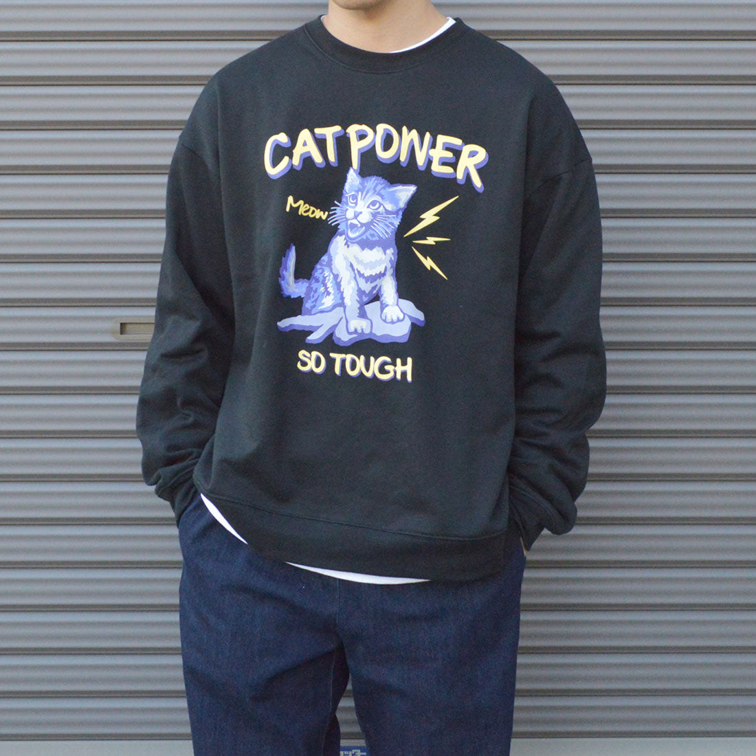 モディッシュガゼ MODISH GAZE 裏毛 クルーネック 長袖 スウェット CAT POWER,ブラック