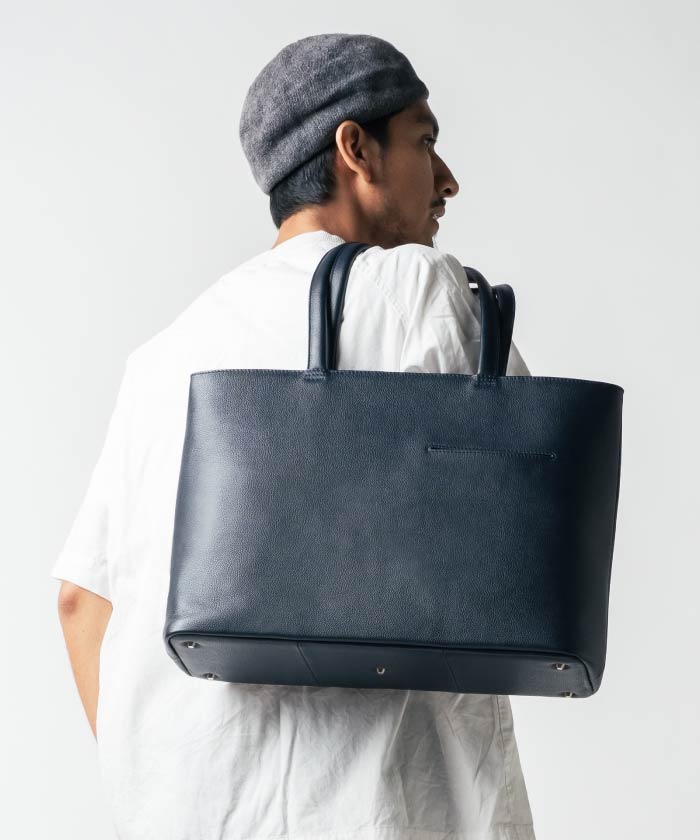 MURA シュリンクレザー シンプル スマホポケット トートバッグ,ネイビー