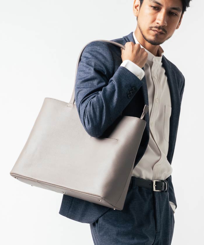 MURA シュリンクレザー シンプル スマホポケット トートバッグ,グレー