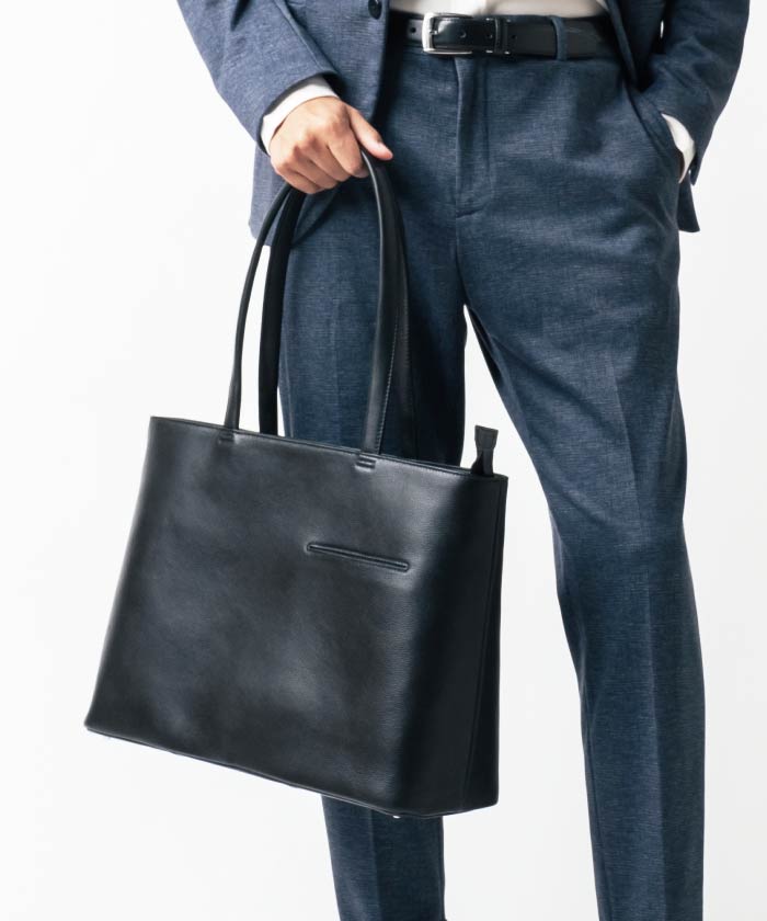 MURA シュリンクレザー シンプル スマホポケット トートバッグ,ブラック