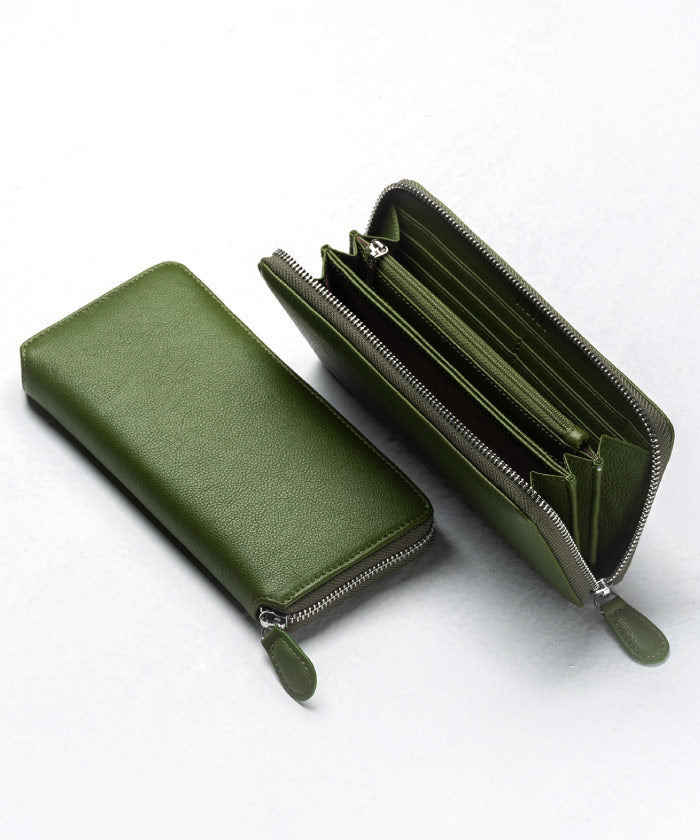 MURA エコレザー ソフトシュリンク YKKラウンドファスナー 長財布,グリーン