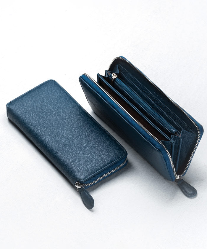 MURA エコレザー ソフトシュリンク YKKラウンドファスナー 長財布,ネイビー