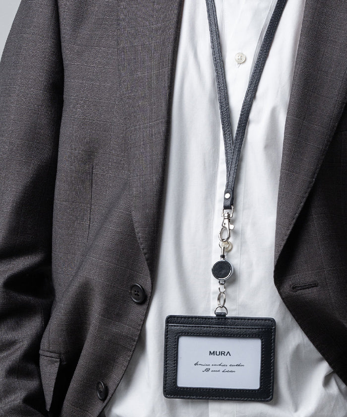 MURA Genuine Leather Neck Strap with Retractable Reel ID Card Case