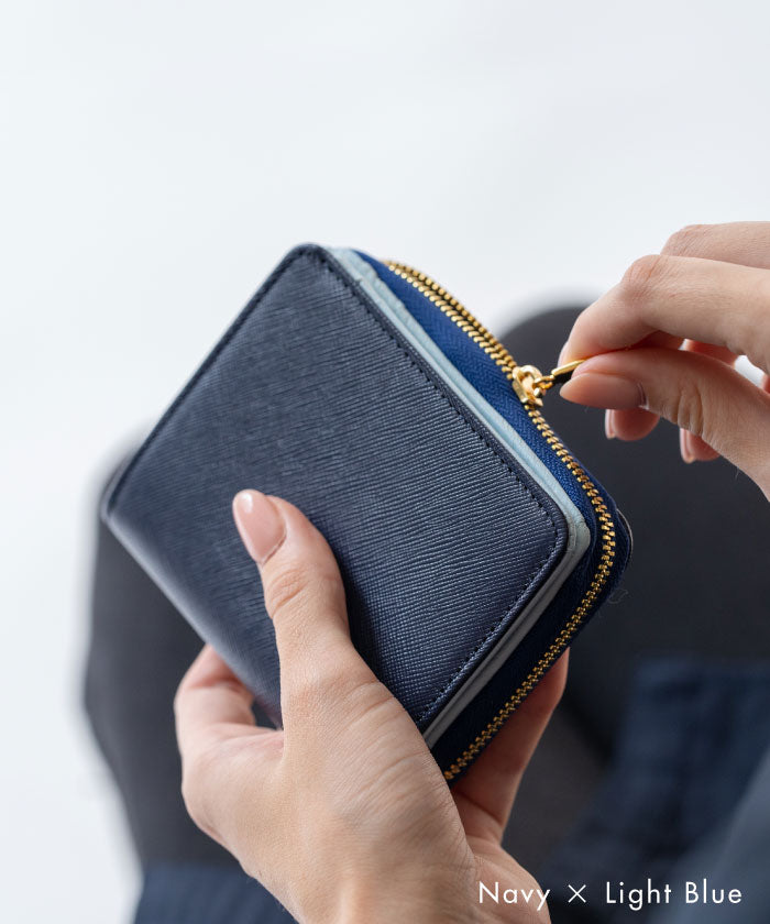 MURA ツートンカラー サフィアーノ&ゴートレザー スキミング防止機能付き ラウンドファスナー 二つ折り財布