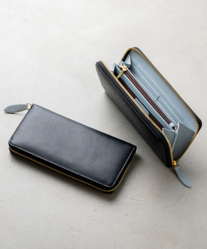 MURA 軟縮皮革 雙色 圓形拉鍊 長錢包